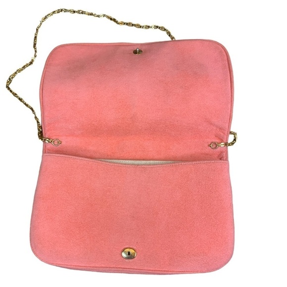 Vintage Coral Suede Clutch / Shoulder Bag with Gold Chain - Picture 4 of 11